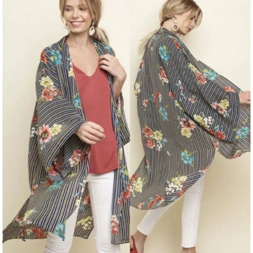 UMGEE Boho Kimono Cover Up Top Duster Stripes Floral Navy Blue Open Front S/M